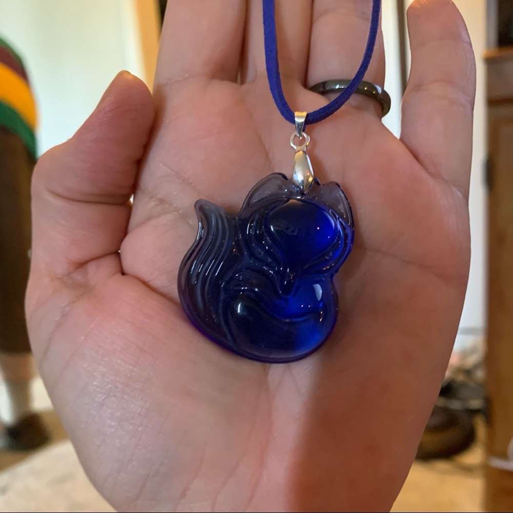 Carved Blue Crystal Fox Pendant